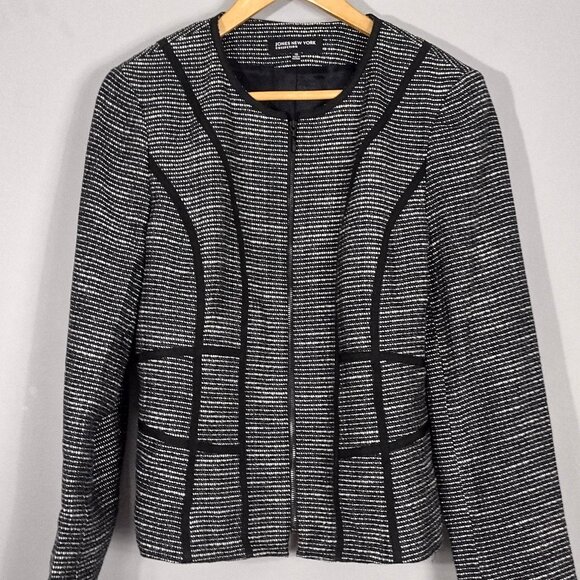 JONES NEW YORK Black Tweed Geometric Trim Zipper Blazer Jacket 10 Office Career - Picture 1 of 16